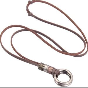 Men's Brown Leather Necklace with Double Metal Ring Pendant